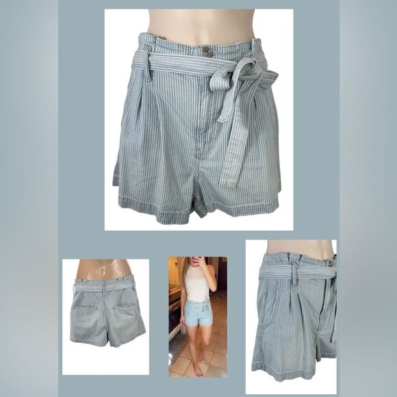 American Eagle Light Blue Striped High Waist Denim Mom Shorts - Picture 2 of 10